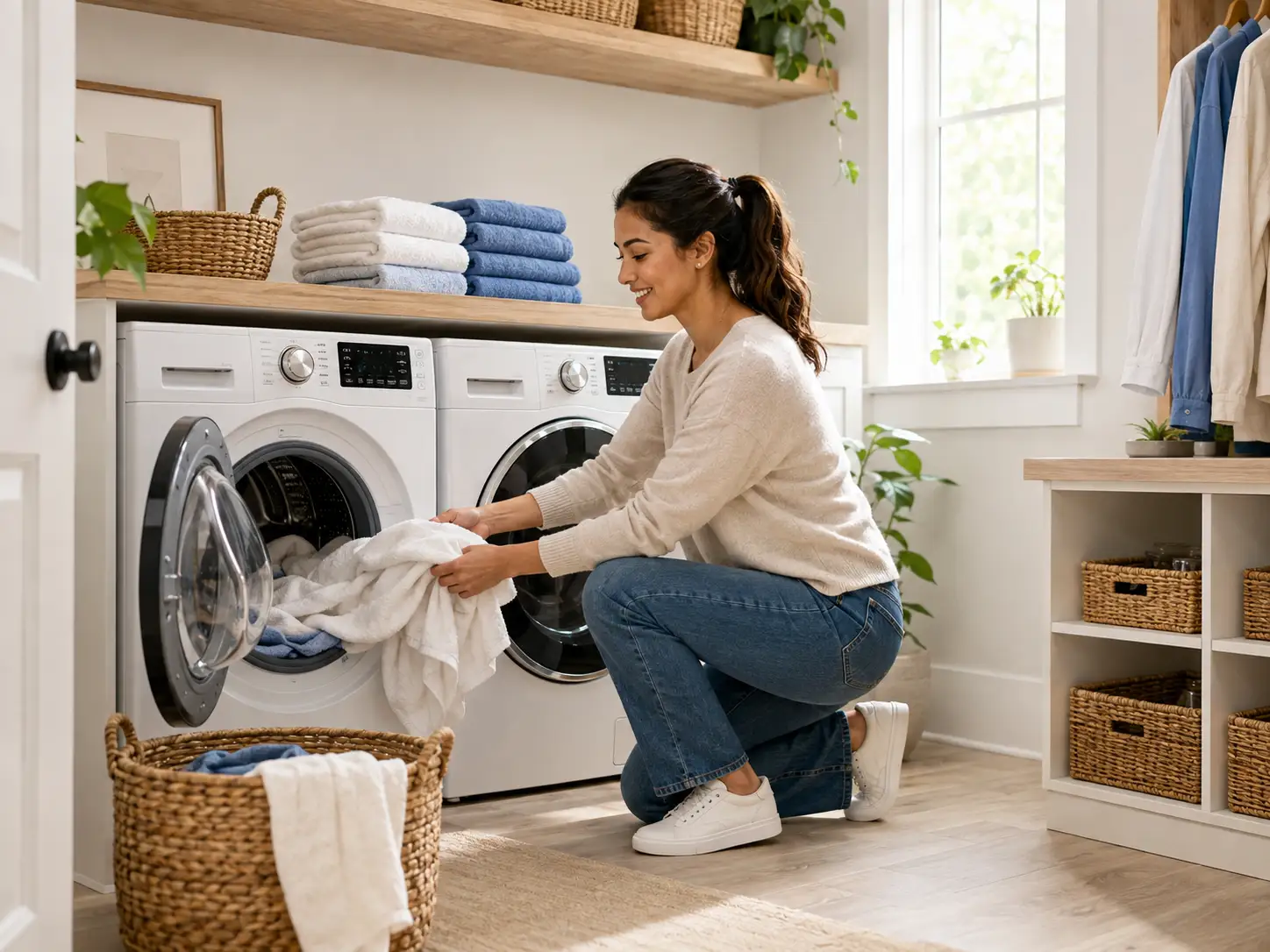 Customer peacefully doing laundry at home